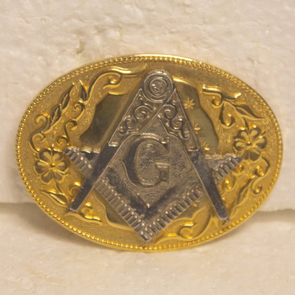Vintage Masonic Belt Buckle – Gold Tone Oval with Silver Square & Compass